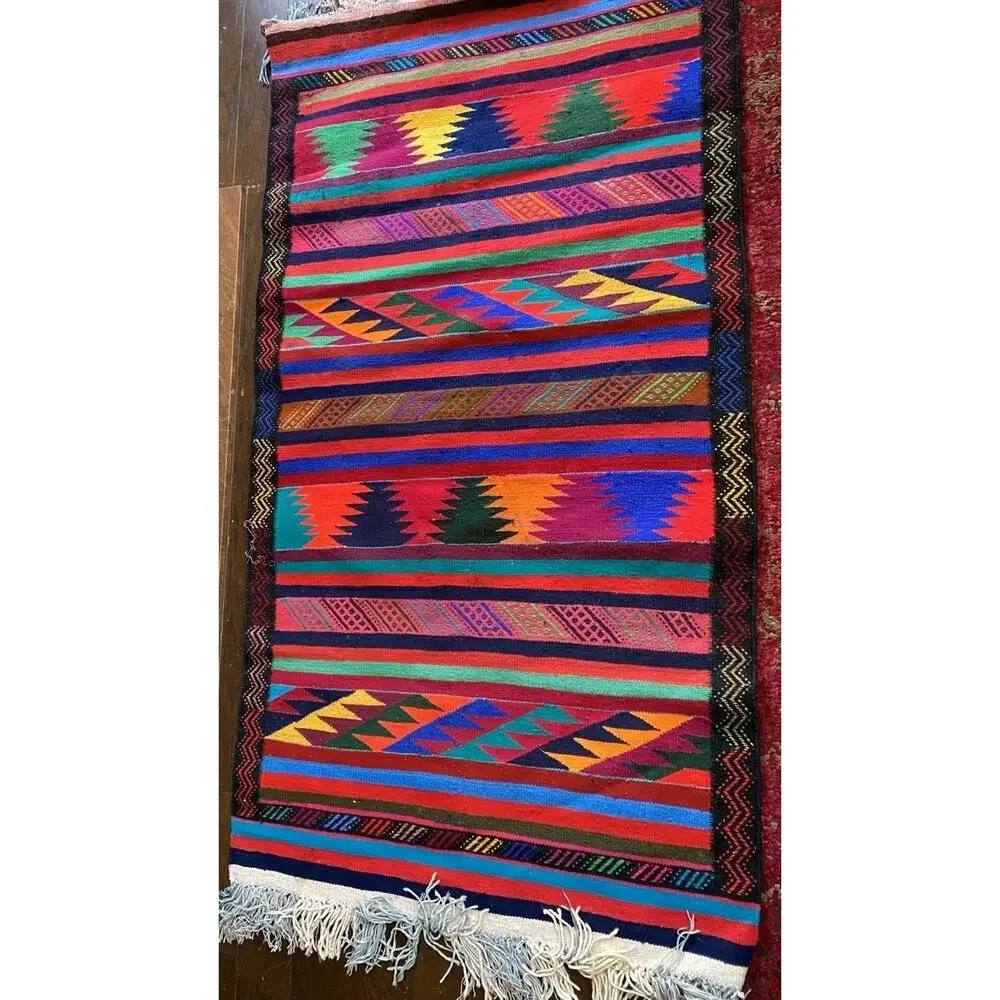 Vintage Turkish Kilim Rug 35x49 Wool Hand Woven Tribal Boho Accent Rug Striped